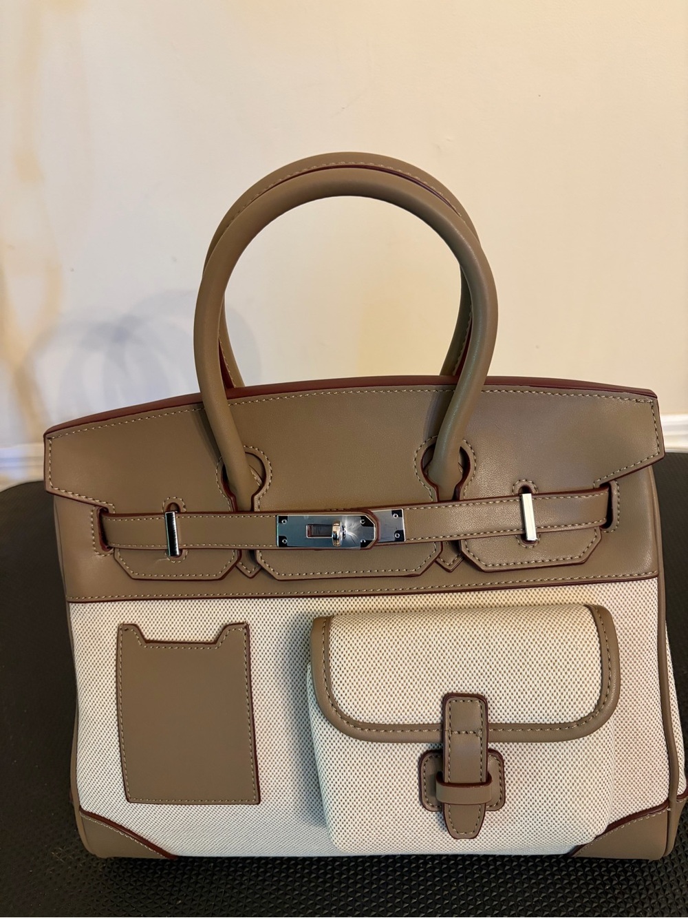 30cm Taupe and Cream Structured Canvas Tote Bag with Top Handles - Picture 12 of 13